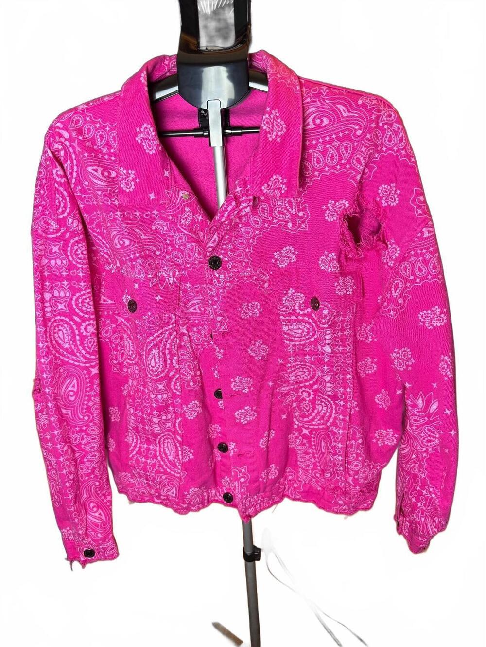 Rare BoohooMan Pink Bandana Paisley Print denim Jacket distressed sz XL